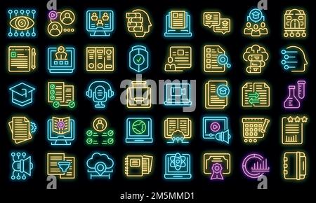 Symbole des Lernverwaltungssystems legen einen Gliederungsvektor fest. Laptop. Online-Schulungen Stock Vektor