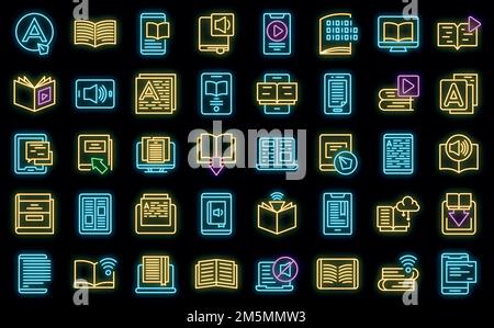 Symbole für digitales Lesen legen den Umrissvektor fest. Bibliotheksbuch. Veröffentlichung von Hörbüchern Stock Vektor