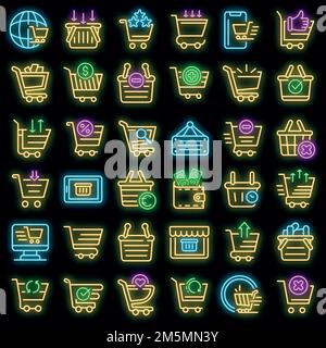 Warenkorb Supermarkt Symbole gesetzt. Umriss Satz von Warenkorb Supermarkt Vektor-Symbole Neonfarbe auf schwarz Stock Vektor