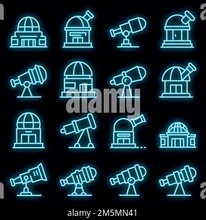 Planetarium-Ikonen-Set. Umreißen Sie Set von Planetarium Vektor-Symbole Neonfarbe auf schwarz Stock Vektor