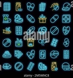 Pille-Symbole eingestellt. Umreißen Satz von Pille Vektor-Symbole Neonfarbe auf schwarz Stock Vektor