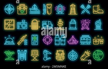 Symbole für Safari-Ausrüstung eingestellt. Skizzieren Satz von Safari-Ausrüstung Vektor-Icons Neonfarbe auf schwarz Stock Vektor