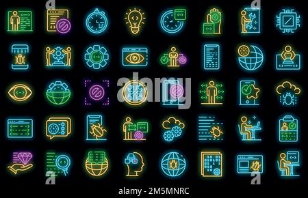 Symbole für Testsoftware eingestellt. Skizzieren Satz von Test-Software Vektor-Symbole Neonfarbe auf schwarz Stock Vektor