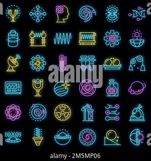 Symbole für Biophysik gesetzt. Skizzieren Satz von Biophysik Vektor-Symbole Neonfarbe auf schwarz Stock Vektor