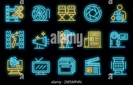 Symbole für Kameramann eingestellt. Umreißt einen Satz von Kameramann-Vektorsymbolen in Neonfarbe auf Schwarz Stock Vektor