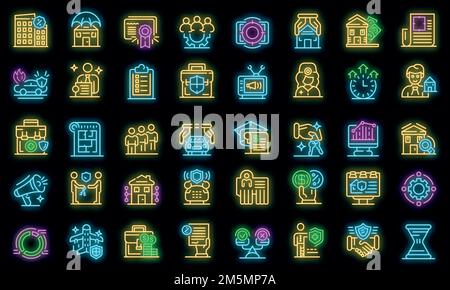 Symbole für Werbeagenten eingestellt. Skizzieren Sie Satz von Werbemittel Vektor-Symbole Neonfarbe auf schwarz Stock Vektor