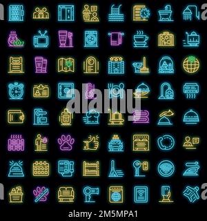 Symbole für Zimmerservice eingestellt. Skizzieren Sie eine Reihe von Vektor-Symbolen für den Zimmerservice in Neonfarbe auf Schwarz Stock Vektor