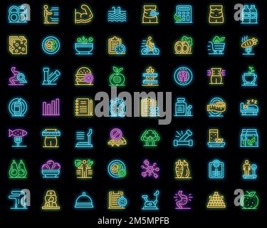 Symbole für Ernährungsberater eingestellt. Skizzieren Sie Satz von Nährstoffexperten Vektor-Symbole Neonfarbe auf schwarz Stock Vektor