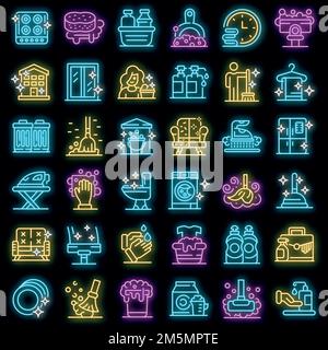 Symbole für Reinigungsdienste eingestellt. Skizzieren Satz von Reinigungsdiensten Vektor-Symbole Neonfarbe auf schwarz Stock Vektor