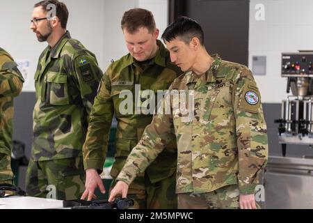 Mitglieder des norwegischen Heimvernet nahmen an der PMI-Schulung für das M4-Karabingewehr Teil, die Teil individueller Tabellen zur Waffenqualifikation war, die zu ihren Live-Feuerqualifikationstabellen in Camp Ripley am 27. März 2022 führten. Der 53.000 Hektar große Trainingsbereich bietet eine sichere, unterhaltsame und lehrreiche Umgebung für Angehörige der Minnesota National Guard und des Heimevernet, um Kultur und Trainingstechniken zu teilen. (Foto der Nationalgarde Minnesota von Sergeant Mahsima Alkamooneh) Stockfoto