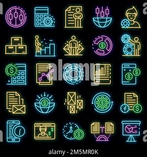 Symbole für die Kalkulation festgelegt. Umreißt einen Satz von Kalkulator-Vektor-Symbolen in Neonfarbe auf Schwarz Stock Vektor