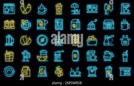 Symbole für das Café sind gesetzt. Skizzieren Sie Set von Coffee Shop Vektor-Symbole Neonfarbe auf schwarz Stock Vektor