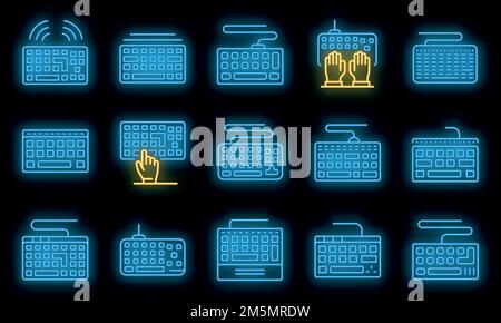 Tastatursymbole eingestellt. Umreißen Sie die Vektorsymbole der Tastatur in Neonfarbe auf Schwarz Stock Vektor