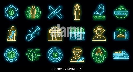 Symbole für Agronomen gesetzt. Skizzieren Sie Set von agronomistischen Vektor-Icons Neonfarbe auf schwarz Stock Vektor