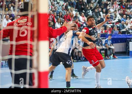 Luka Sebetic von Kroatien während eines freundlichen Handballspiels in der Mate Parlov Sport Hall in Pula, Kroatien, am 29. Dezember 2022. Foto: Srecko Niketic/PIXSELL Stockfoto