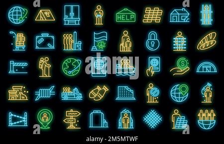 Symbole für illegale Einwanderer gesetzt. Skizzieren Satz von illegalen Einwanderern Vektor-Icons Neonfarbe auf schwarz Stock Vektor