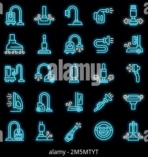 Dampfreiniger-Symbole eingestellt. Skizzieren Sie eine Reihe von Dampfreiniger Vektor-Symbole Neonfarbe auf schwarz Stock Vektor