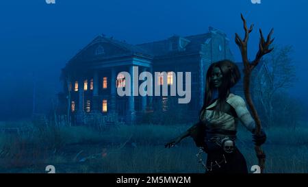Eine gruselige, hässliche Hexe steht in einer verlassenen Hexenhöhle. Halloween, Gruselgeschichten - 3D-Rendering Stockfoto