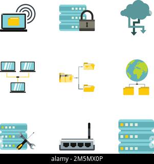 Symbole für die Datenspeicherung festgelegt. Flache Darstellung von 9 Vektorsymbolen für die Datenspeicherung im Web Stock Vektor