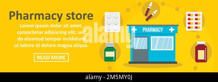 Apothekengeschäft Banner horizontales Konzept. Flache Darstellung des Apothekenladens Banner horizontalen Vektor-Konzept für Web-Design Stock Vektor