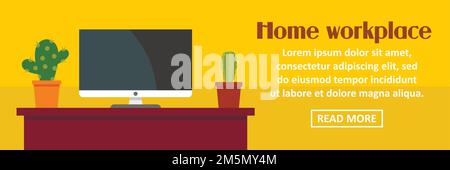Home Workplace mit Cactus Banner horizontales Konzept. Flache Illustration des Home Workplace mit Cactus Banner horizontalen Vektor-Konzept für Web-Design Stock Vektor