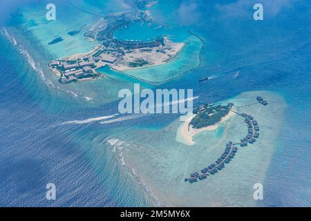 Fantastisches Atoll und Insel auf den Malediven aus der Vogelperspektive. Ruhige tropische Landschaft und Meereslandschaft mit Palmen am weißen Sandstrand, friedliche Natur Stockfoto