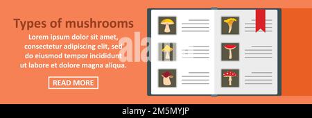 Arten von Pilzen Banner horizontalen Konzept. Flache Illustration der Arten von Pilzen Banner horizontalen Vektor-Konzept für Web-Design Stock Vektor