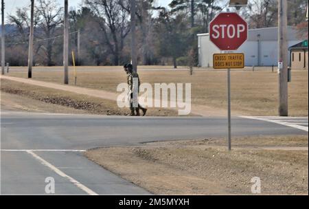 Soldaten in Fort McCoy, Wisconsin, benutzen einen Fußgängerüberweg am 28. März 2022 an der Anlage. Sicherheitsbeamte erinnern alle daran, dass sie während der anstrengenden Schulungszeiten auf die Mitarbeiter achten müssen, die die Bereiche am Fußgängerübergang nutzen. Stockfoto