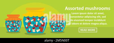 Gemischte Pilze Banner horizontales Konzept. Flache Illustration von verschiedenen Pilzen Banner horizontalen Vektor-Konzept für Web-Design Stock Vektor