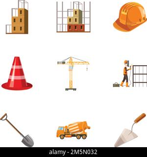 Konstruktionssymbole gesetzt. Cartoon-Illustration von 9 Bau-Vektor-Icons für Web Stock Vektor