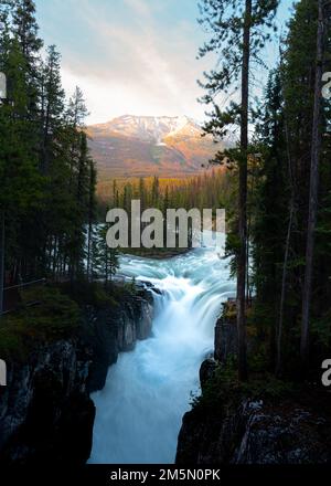 Sunwapta Falls bei Sonnenuntergang im Jasper National Park, Alberta, Kanada Stockfoto