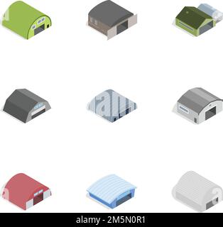 Ikonen für Industriegebäude gesetzt. Isometrische 3D-Illustration von 9 industriellen Gebäudevektorikonen für Web Stock Vektor