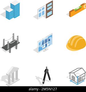 Symbole für Konstruktion und Konstruktion gesetzt. Isometrische 3D Illustration von 9 Engineering- und Konstruktions-Vektor-Icons für Web Stock Vektor