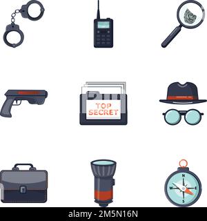 Detektivsymbole eingestellt. Cartoon-Set von 9 Detektiv-Vektor-Symbole für Web isoliert auf weißem Hintergrund Stock Vektor