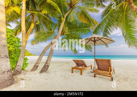 Fantastischer Urlaubsstrand. Liegen am Sandstrand in der Nähe des Meeres. Romantisches Sommerurlaubskonzept für den Tourismus. Tropische Insellandschaft. Ruhige Küste Stockfoto