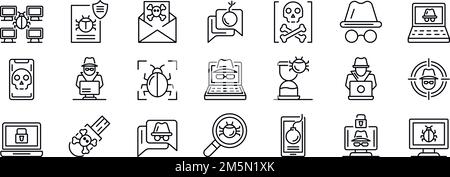 Hacker-Symbole eingestellt. Skizzieren Sie einen Satz von Hacker-Vektorsymbolen für das Web-Design, isoliert auf weißem Hintergrund Stock Vektor