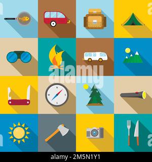 Wander- und Camping-Ikonen im flachen Stil Stock Vektor