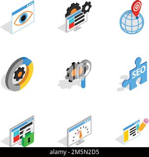 Web-Marketing-Symbole eingestellt. Isometrische 3D-Darstellung von 9 Web-Marketing-Vektor-Symbolen für das Web Stock Vektor