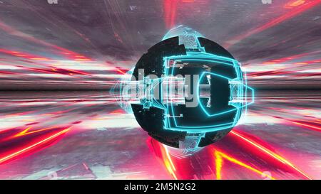 Abstrakte 3D-Kugel mit rotem Tunnelhintergrund. Raumschiff-Fliege im Hyperraum, 3D-Rendering Stockfoto