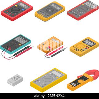 Multimeter-Symbole eingestellt. Isometrischer Satz von Multimetervektorsymbolen für Webdesign isoliert auf weißem Hintergrund Stock Vektor