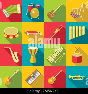 Farbsymbole für Musikinstrumente eingestellt. Flache Darstellung von 16 Musikinstrumenten Farbvektorikonen für Web Stock Vektor