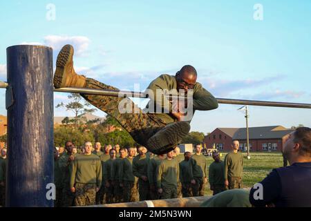 Rekruten bei India Company, 3. Recruit Training Battalion, führen den Obstacle-Kurs auf Marine Corps Recruit Depot Parris Island, S.C., 29. März 2022 durch. Dieser Kurs wird als eine von vielen Herausforderungen beim körperlichen Training verwendet, um Rekruten auf die United States Marines vorzubereiten. (USA Marinekorps Fotos von CPL Randall D. Whiteman) Stockfoto