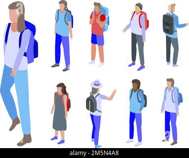 Rucksack-Symbole-Set. Isometrischer Satz von Rucksack-Vektorsymbolen für Webdesign isoliert auf weißem Hintergrund Stock Vektor