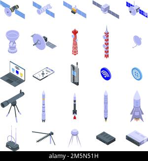 Satellitensymbole eingestellt. Isometrischer Satz von Satellitenvektorsymbolen für Webdesign isoliert auf weißem Hintergrund Stock Vektor