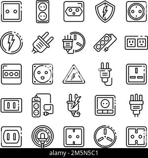 Symbole für Netzsteckdose eingestellt. Skizzieren Sie die Vektorsymbole für Netzsteckdosen für das Webdesign auf weißem Hintergrund Stock Vektor