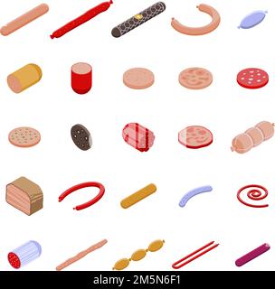 Wurstsymbole gesetzt. Isometrischer Satz von Würstchenvektorsymbolen für Webdesign isoliert auf weißem Hintergrund Stock Vektor