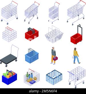 Warenkorb Supermarkt Symbole gesetzt. Isometrischer Satz von Warenkorb Supermarkt Vektor-Symbole für Web-Design isoliert auf weißem Hintergrund Stock Vektor