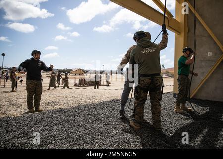 Ein Ausbilder aus dem Rekrutierungsbezirk 12. führt am 29. März 2022 eine Abseilung während eines Lehrerseminars im Marine Corps Recruit Depot, San Diego, durch. Pädagogen hatten die Möglichkeit, sich auf dem 60 m hohen Turm abzuseilen. Stockfoto