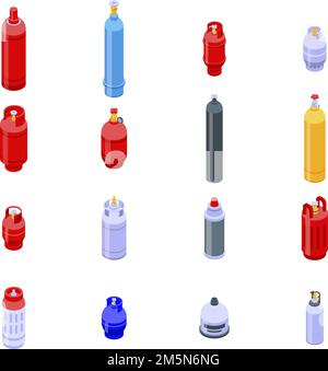 Symbole für Gasflaschen eingestellt. Isometrischer Satz von Vektorsymbolen für Gasflaschen für Webdesign isoliert auf weißem Hintergrund Stock Vektor