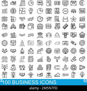 100 Business-Icons gesetzt. Skizzieren Sie die Darstellung von 100 Geschäftssymbolen, die auf weißem Hintergrund isoliert sind Stock Vektor